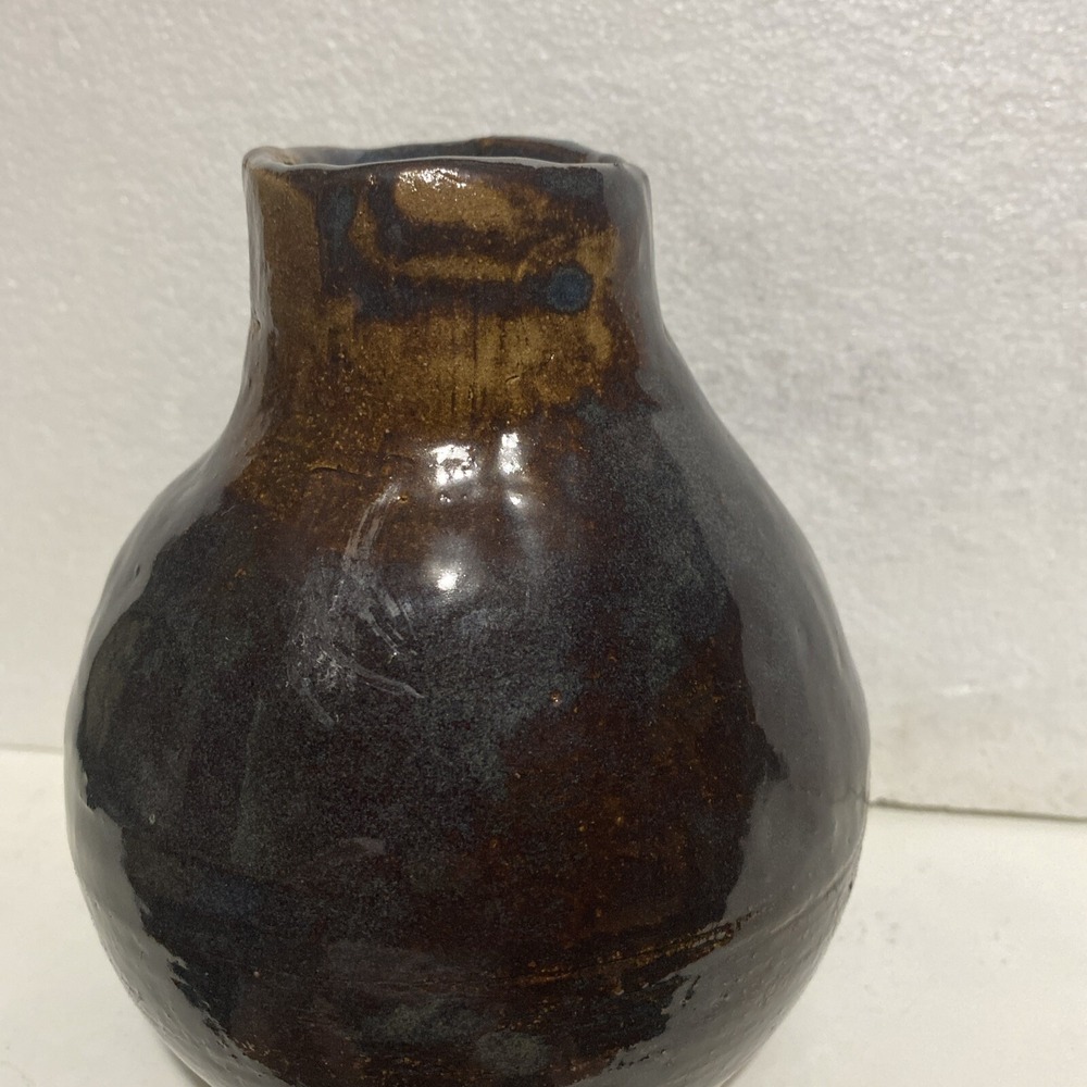 Studio Pottery Bud Vase Signed AR Dark Brown Blue Glaze Handcrafted 6.5"